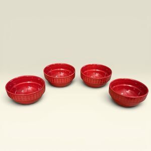 President's Choice Red Ceramic Bowls Set of 4 Grid Pattern